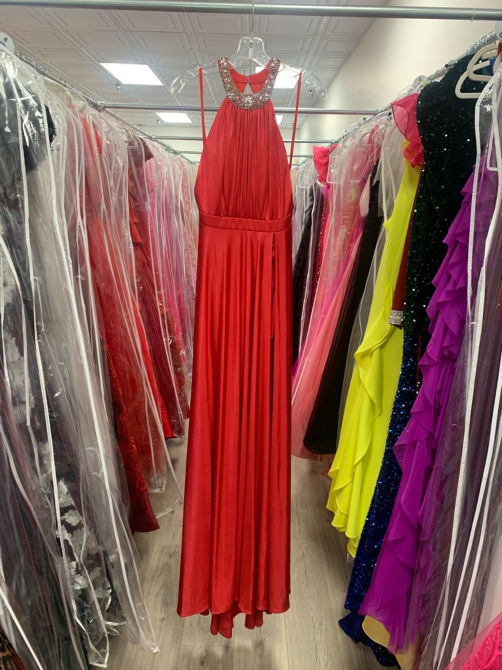Red Halter Evening Gown with Embellished Neckline